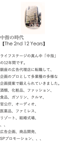 ﷯ 中指の時代 【The 2nd 12 Years】 ライフステージの真ん中「中指」 の12年間です。 銀座の広告代理店に転職して、 企画のプロとして多業種の多様な 企画提案で鍛えられていきました。酒類、化粧品、ファッション、 食品、ガソリン、クルマ、 官公庁、オーディオ、 医薬品、ファミレス、 リゾート、結婚式場、 、、 広告企画、商品開発、 SPプロモーション、、、 